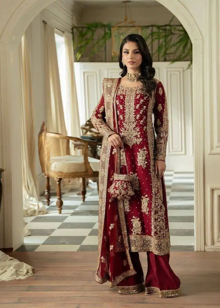 Maroon Embroidered Chiffon 3Pc – Luxury Formal Dress