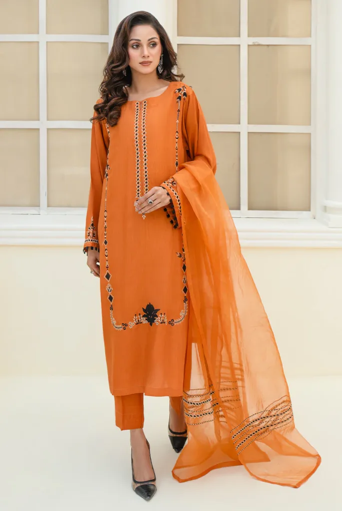 Burnt Orange Khaddi Silk Shalwar Kameez With Resham Embroidery And Soft Organza Dupatta - Pakistani Formal Dress