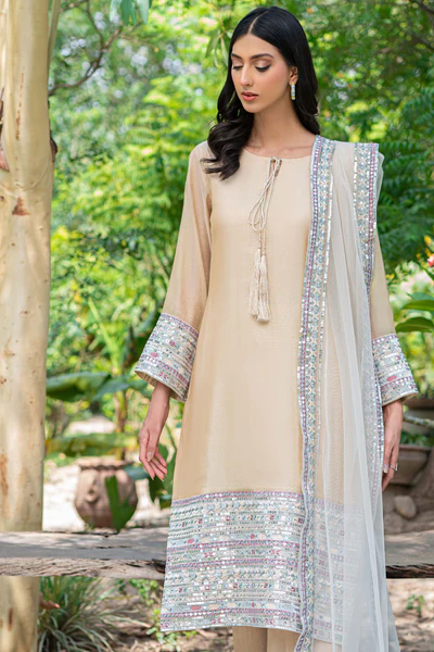 Tessa Embroidered 3-Piece Chiffon Net Dress With Silk Pants And Net Dupatta – Pastel Color Formal Outfit For Women