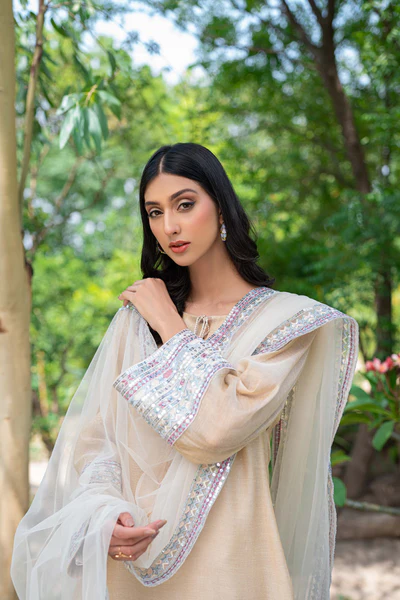 Tessa Embroidered 3-Piece Chiffon Net Dress With Silk Pants And Net Dupatta – Pastel Color Formal Outfit For Women